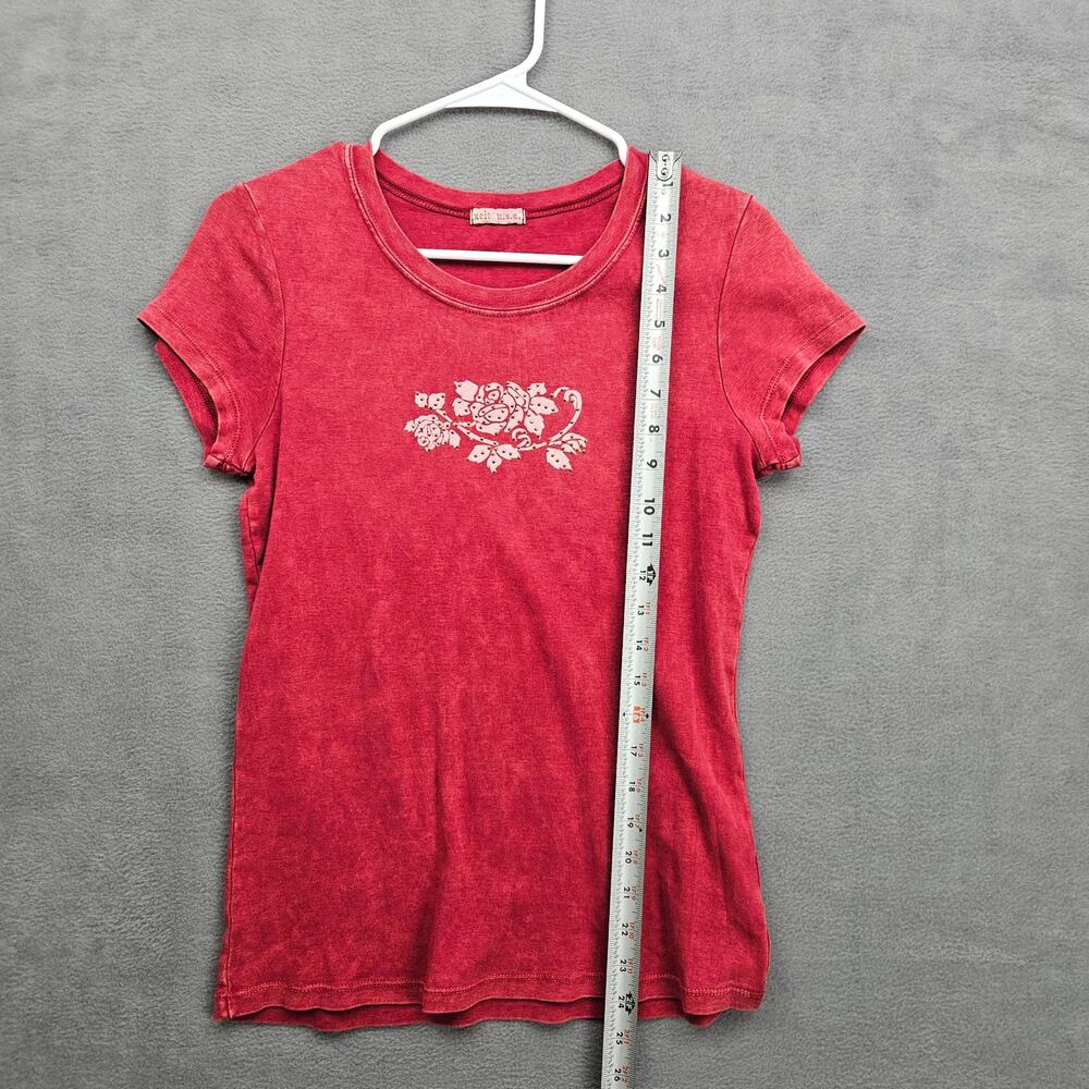 Y2K Floral Rose Baby Tee  Acid Wash Fitted Short Sleeve Top Size L - Picture 2 of 6